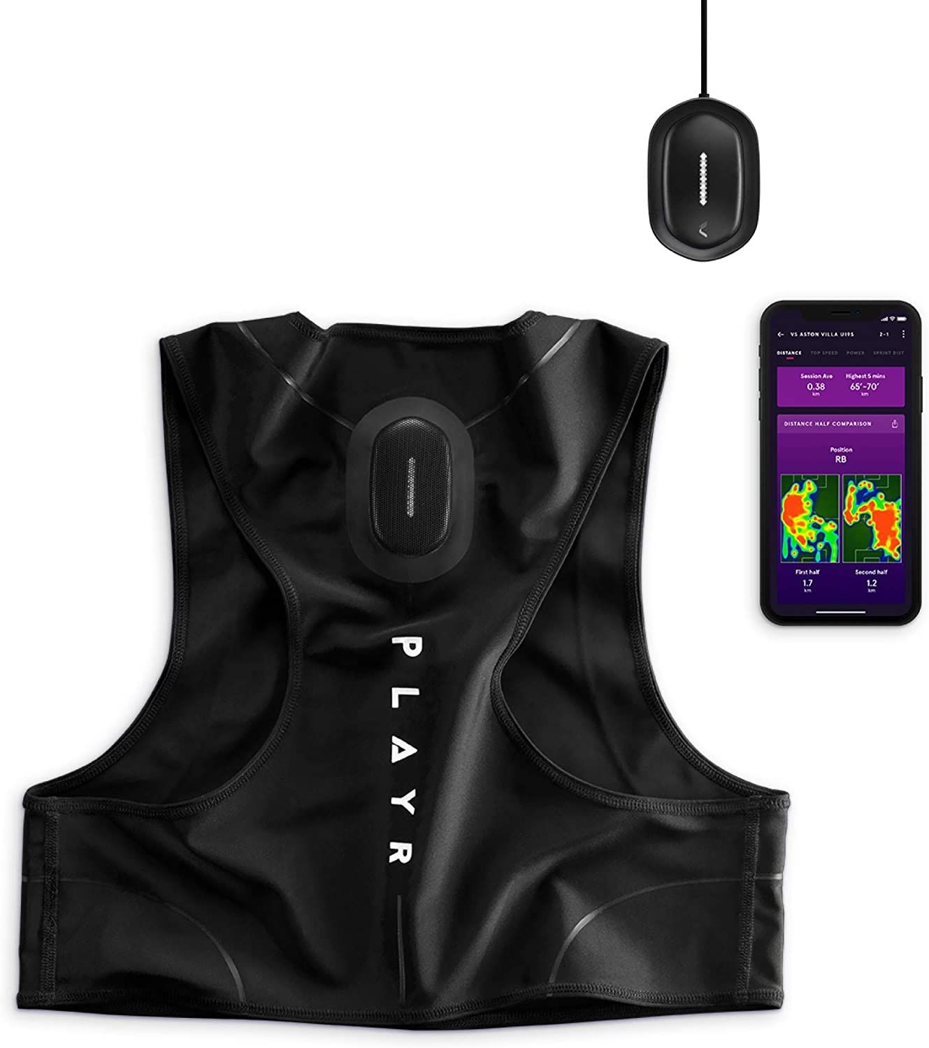 Black athletic vest with a wearable sensor device and smartphone showing fitness data on the screen.